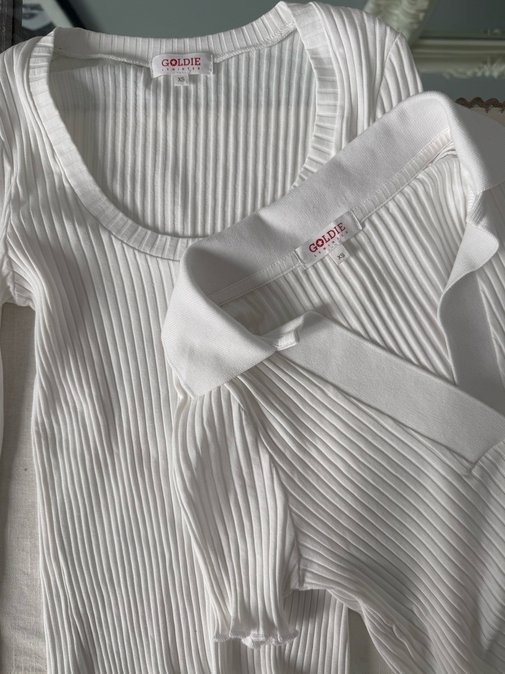 BUNDLE 🩷 Goldie White Ribbed Scoop Long Sleeve & Polo Short Sleeve SZ: XS NWOT